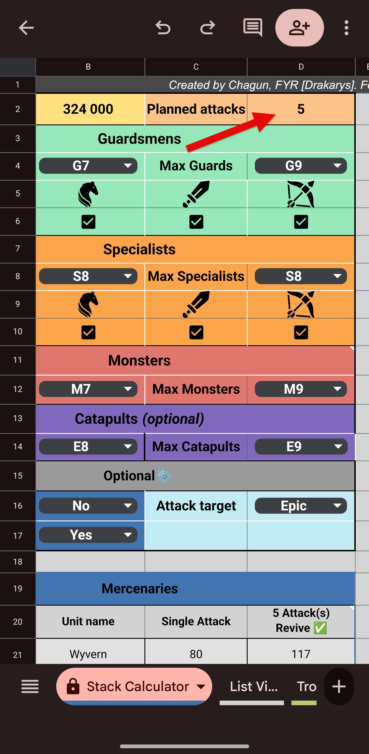 Checking required troop numbers for planned attacks in cell D2